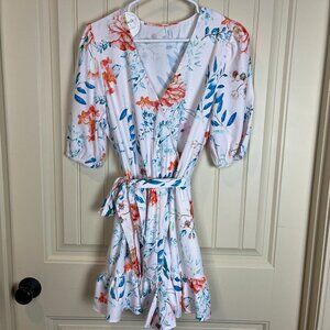 Elizabeth Kelly Short Sleeve Romper Size L White Orange Blue, Floral Print